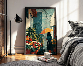 Rain Garden Umbrella Poster – Moody Floral Rain Art Print - Just Great Posters