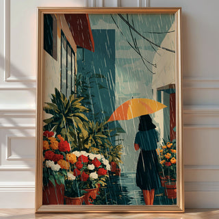 Rain Garden Umbrella Poster – Moody Floral Rain Art Print - Just Great Posters