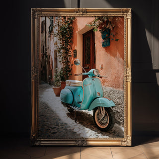 Turquoise Vespa Alley Poster – Vintage Italy Travel Art Print - Just Great Posters