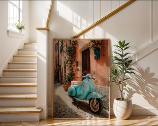 Turquoise Vespa Alley Poster – Vintage Italy Travel Art Print - Just Great Posters