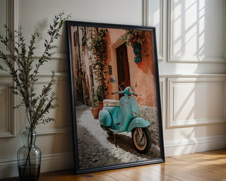 Turquoise Vespa Alley Poster – Vintage Italy Travel Art Print - Just Great Posters