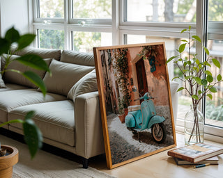 Turquoise Vespa Alley Poster – Vintage Italy Travel Art Print - Just Great Posters