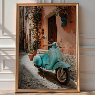 Turquoise Vespa Alley Poster – Vintage Italy Travel Art Print - Just Great Posters