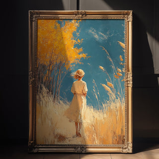 Golden Hour Fields – Girl Wandering Through Field Art Print - Just Great Posters