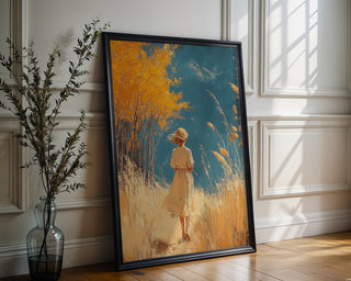 Golden Hour Fields – Girl Wandering Through Field Art Print - Just Great Posters