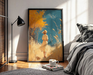 Golden Hour Fields – Girl Wandering Through Field Art Print - Just Great Posters