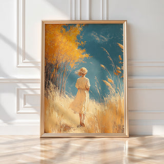 Golden Hour Fields – Girl Wandering Through Field Art Print - Just Great Posters