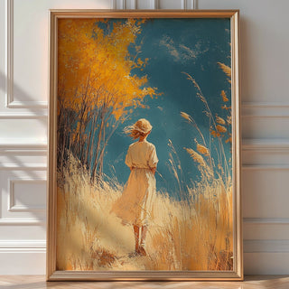 Golden Hour Fields – Girl Wandering Through Field Art Print - Just Great Posters