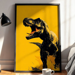 Framed artwork of a dinosaur on a yellow background in a bedroom setting.