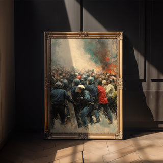 Protest & Riot Chaos Art Print – Dramatic Crowd & Police Clash - Just Great Posters
