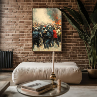 Protest & Riot Chaos Art Print – Dramatic Crowd & Police Clash - Just Great Posters