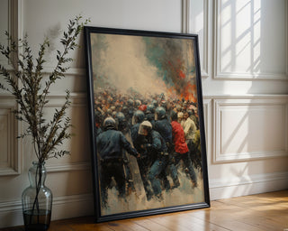 Protest & Riot Chaos Art Print – Dramatic Crowd & Police Clash - Just Great Posters