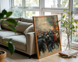 Protest & Riot Chaos Art Print – Dramatic Crowd & Police Clash - Just Great Posters