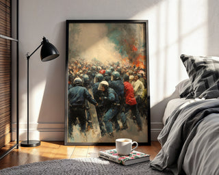 Protest & Riot Chaos Art Print – Dramatic Crowd & Police Clash - Just Great Posters