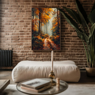 Foggy Autumn Forest Print – Moody Nature Path Wall Art for Cozy Interiors - Just Great Posters