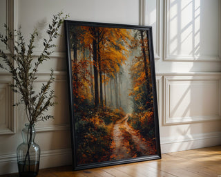 Foggy Autumn Forest Print – Moody Nature Path Wall Art for Cozy Interiors - Just Great Posters