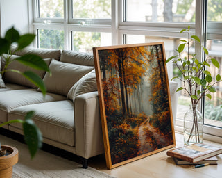 Foggy Autumn Forest Print – Moody Nature Path Wall Art for Cozy Interiors - Just Great Posters