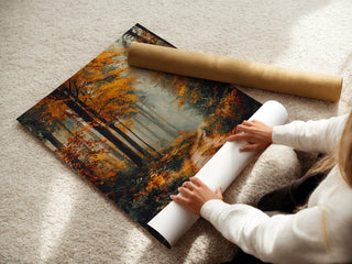 Foggy Autumn Forest Print – Moody Nature Path Wall Art for Cozy Interiors - Just Great Posters