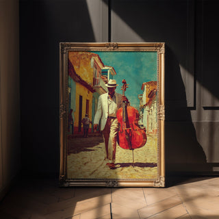 Cuban Jazz Street Poster – Vintage Music Art Print with Double Bass - Just Great Posters