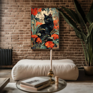 Black Cat in Bloom – Botanical Gothic Art Print - Just Great Posters