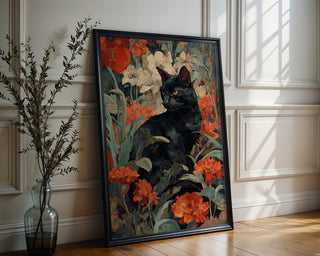Black Cat in Bloom – Botanical Gothic Art Print - Just Great Posters