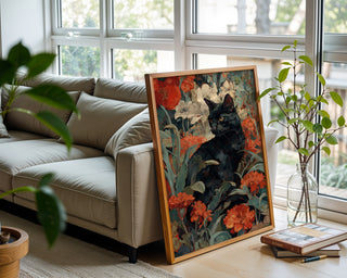 Black Cat in Bloom – Botanical Gothic Art Print - Just Great Posters