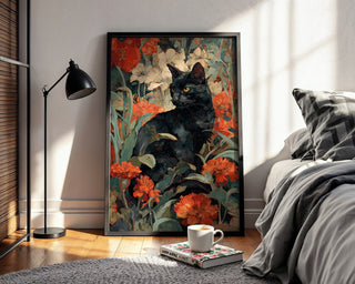 Black Cat in Bloom – Botanical Gothic Art Print - Just Great Posters