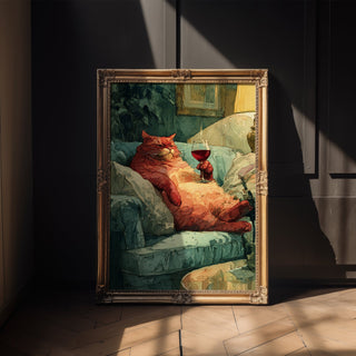Wine Cat Art Print – Lazy Luxury Watercolor Animal Wall Art - Just Great Posters