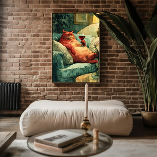 Wine Cat Art Print – Lazy Luxury Watercolor Animal Wall Art - Just Great Posters
