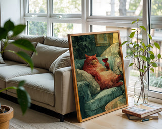 Wine Cat Art Print – Lazy Luxury Watercolor Animal Wall Art - Just Great Posters
