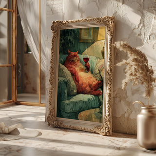 Wine Cat Art Print – Lazy Luxury Watercolor Animal Wall Art - Just Great Posters