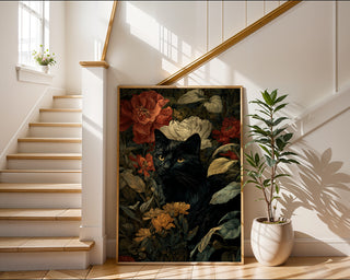 William Morris–Style Black Cat Among Florals - Just Great Posters