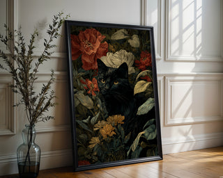 William Morris–Style Black Cat Among Florals - Just Great Posters