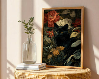 William Morris–Style Black Cat Among Florals - Just Great Posters