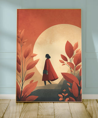 Autumn Walk Poster – Woman in Red Coat & Golden Moon - Just Great Posters