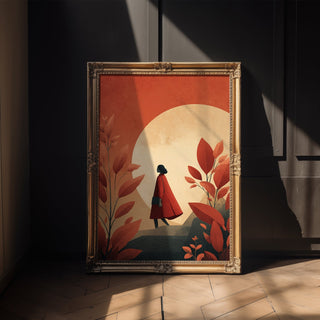 Autumn Walk Poster – Woman in Red Coat & Golden Moon - Just Great Posters