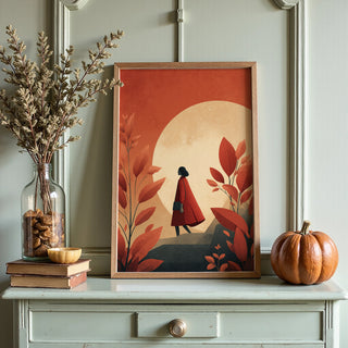 Autumn Walk Poster – Woman in Red Coat & Golden Moon - Just Great Posters