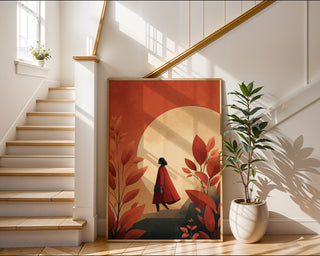 Autumn Walk Poster – Woman in Red Coat & Golden Moon - Just Great Posters