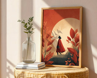 Autumn Walk Poster – Woman in Red Coat & Golden Moon - Just Great Posters