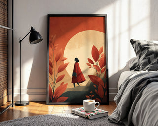 Autumn Walk Poster – Woman in Red Coat & Golden Moon - Just Great Posters