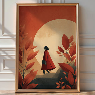Autumn Walk Poster – Woman in Red Coat & Golden Moon - Just Great Posters