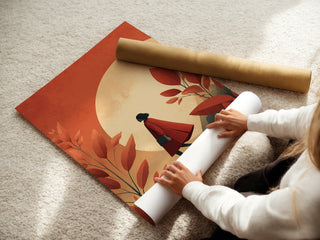 Autumn Walk Poster – Woman in Red Coat & Golden Moon - Just Great Posters