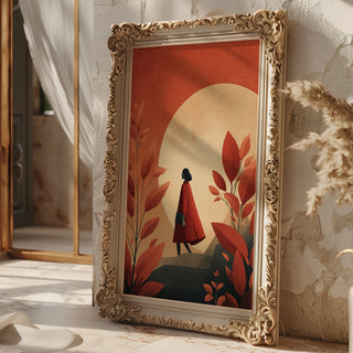 Decorative painting of a person in a red coat standing among red leaves in an ornate gold frame.