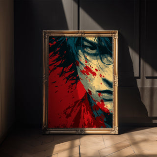 Red Warrior Anime Portrait Poster – Gritty Manga Wall Art Print - Just Great Posters