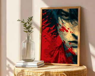 Red Warrior Anime Portrait Poster – Gritty Manga Wall Art Print - Just Great Posters