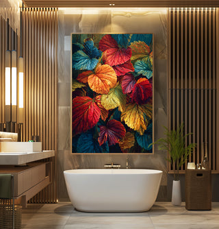 Modern bathroom with a colorful leaf painting, white freestanding bathtub, and wooden accents.