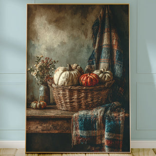 Framed artwork of a still life with pumpkins, flowers, and plaid fabric on a wooden surface.
