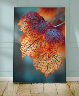 Backlit Autumn Leaves Macro Print – Glowing Fall Wall Art in Fiery Reds & Oranges - Just Great Posters