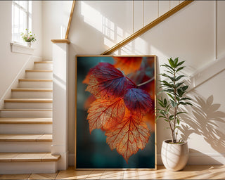 Backlit Autumn Leaves Macro Print – Glowing Fall Wall Art in Fiery Reds & Oranges - Just Great Posters