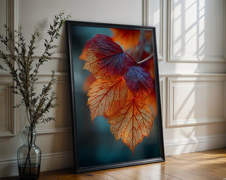 Backlit Autumn Leaves Macro Print – Glowing Fall Wall Art in Fiery Reds & Oranges - Just Great Posters